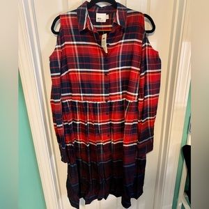 NWT ASOS CURVE Plaid Cold Shoulder Midi Dress with Button Detail, Dip Dyed Cute!